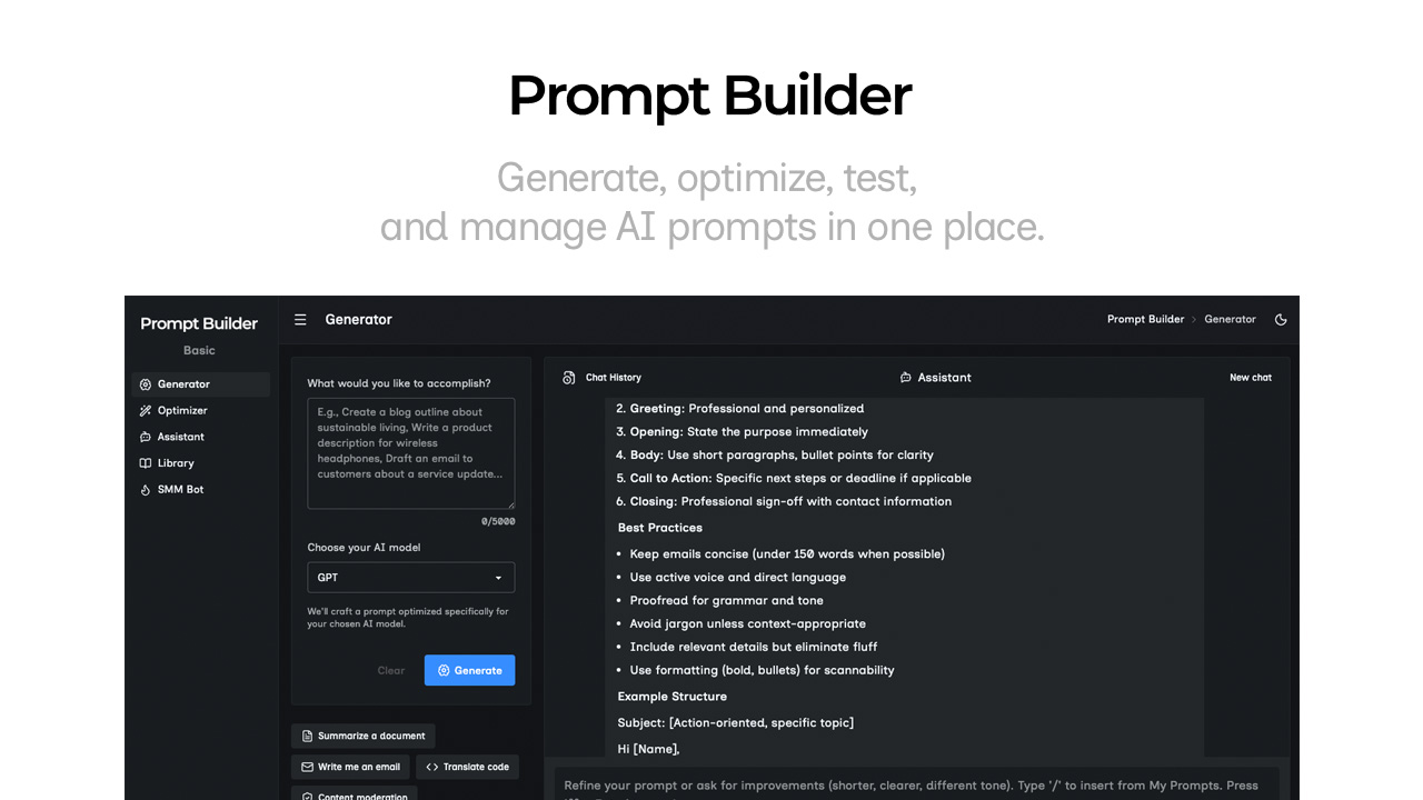 Prompt Builder screenshot - Generate, optimize, test, and manage AI prompts in one place. Turn an idea into a ready-to-use prompt in seconds.