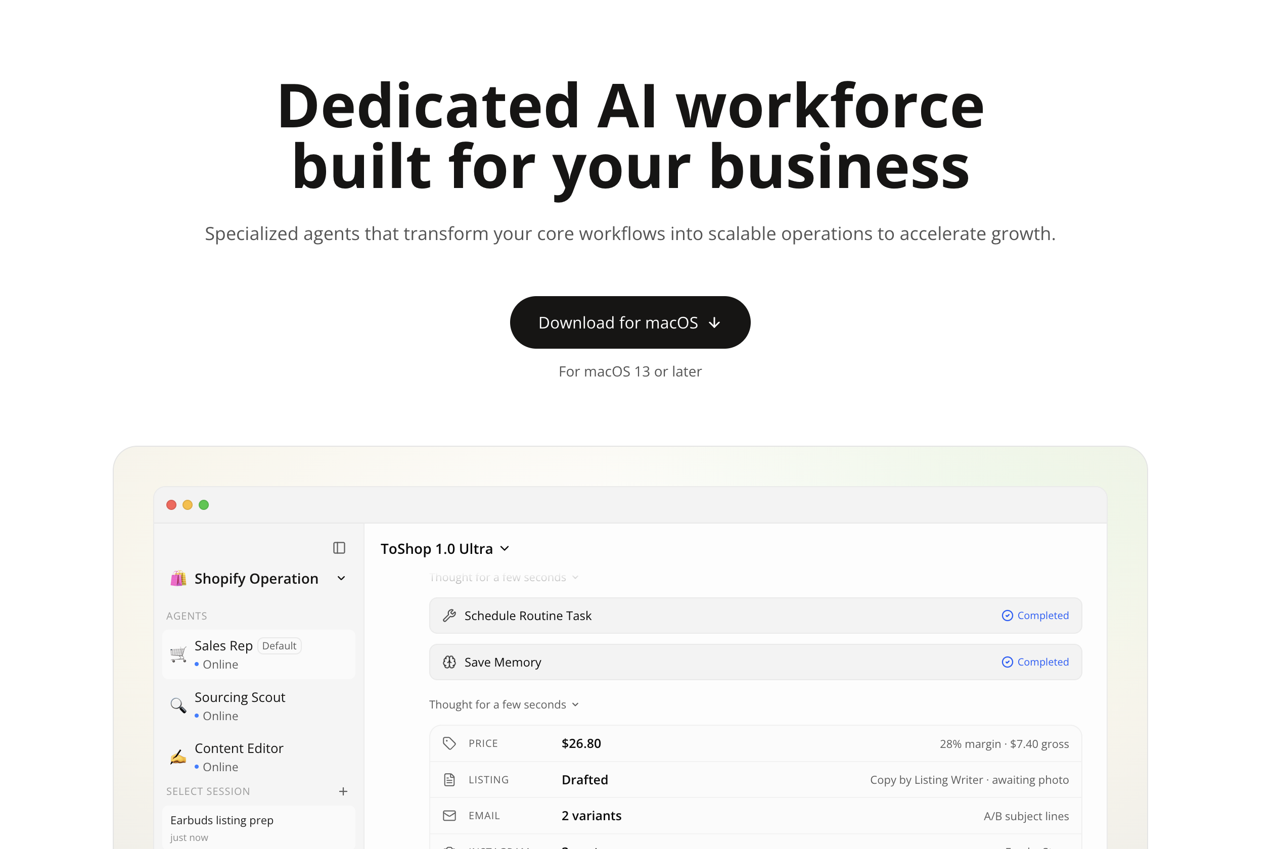 ToShop AI screenshot - Dedicated AI agents that handle research, sourcing, marketing, support, and operations — so you can focus on growing your Shopify business.