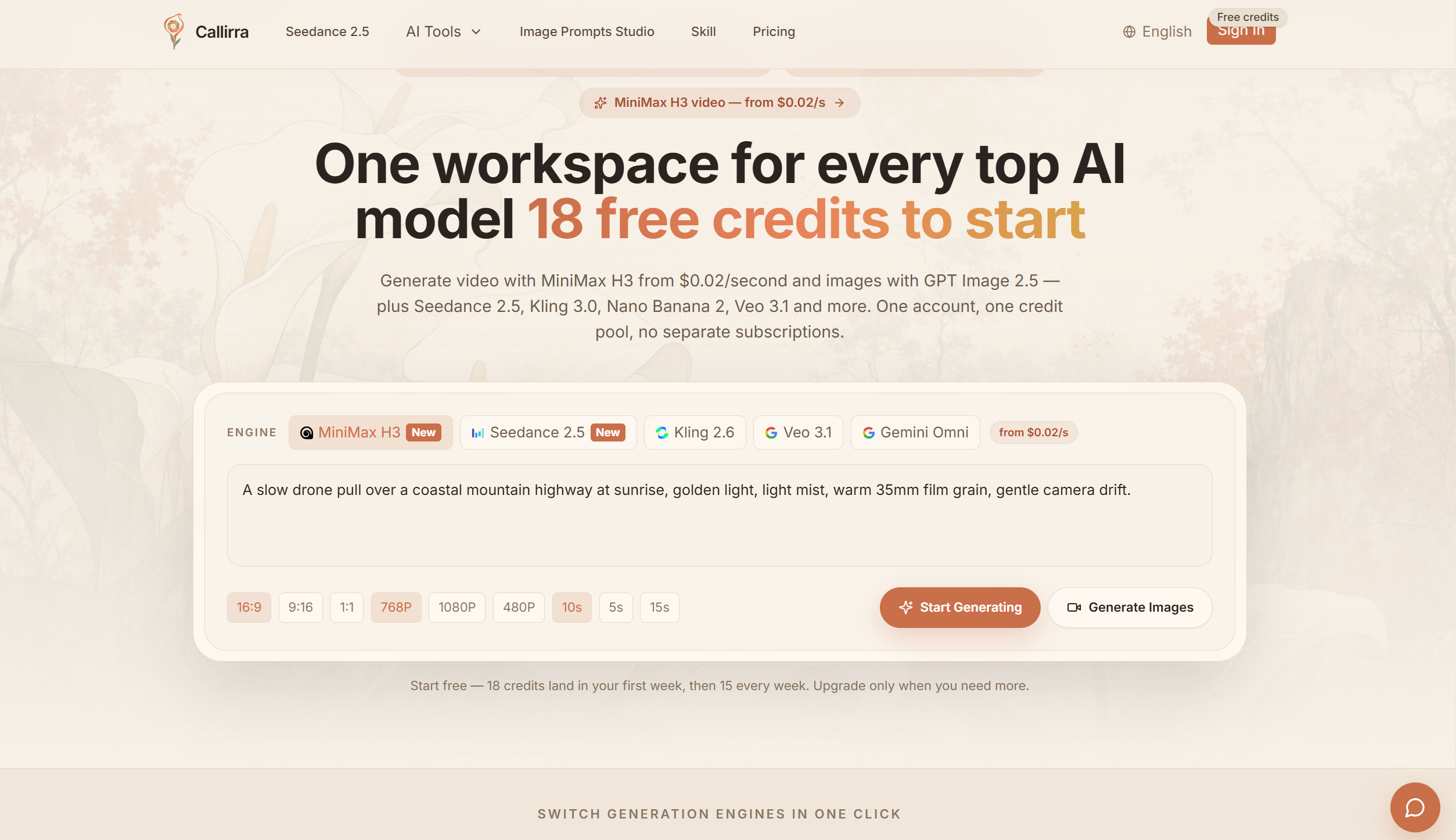Callirra screenshot 1 - Most of the top AI image & video models in one workspace — video from $0.02/sec, one credit pool, 18 free credits. New users: 20% off the first month.