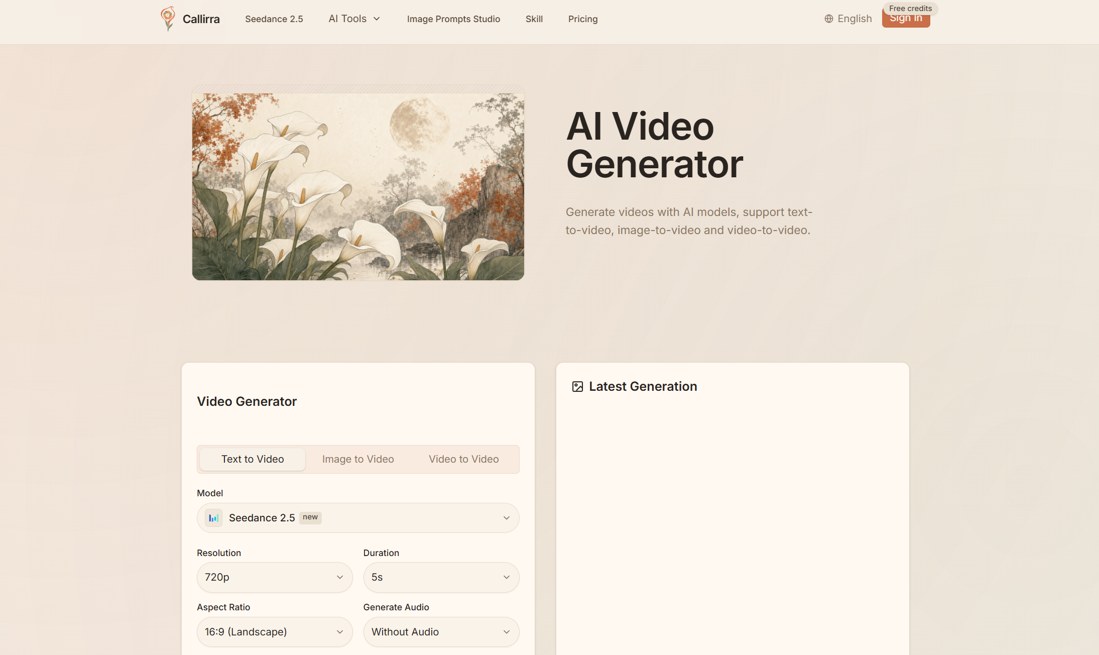 Callirra screenshot 2 - Most of the top AI image & video models in one workspace — video from $0.02/sec, one credit pool, 18 free credits. New users: 20% off the first month.