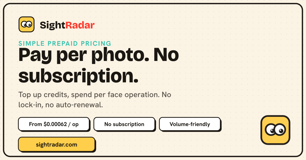 SightRadar screenshot 4 - Face recognition API, Rekognition-compatible, pay per photo