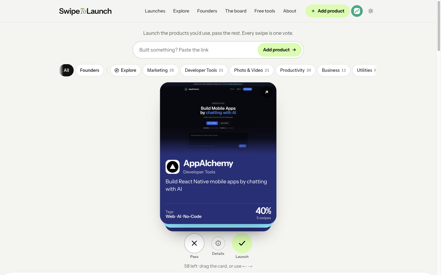 SwipeToLaunch screenshot 1 - Tinder-style launch directory for startups, SaaS and apps: every swipe is a vote.