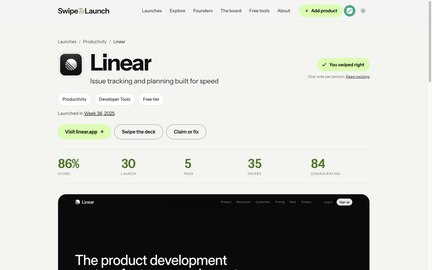 SwipeToLaunch screenshot 3 - Tinder-style launch directory for startups, SaaS and apps: every swipe is a vote.