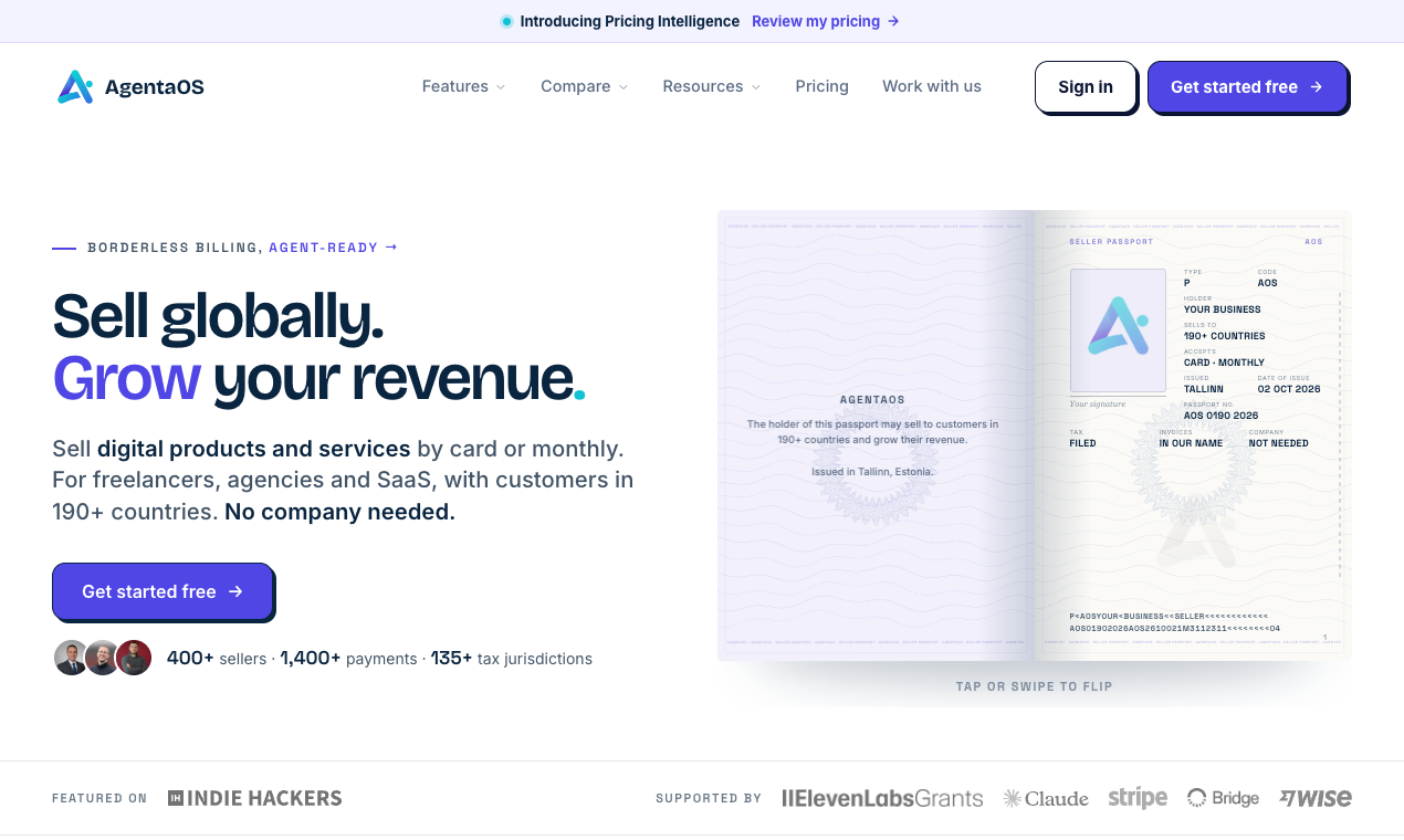 AgentaOS screenshot 1 - Merchant of Record you run from Claude, ChatGPT or Cursor. Sell globally, tax and invoices handled, no company needed.