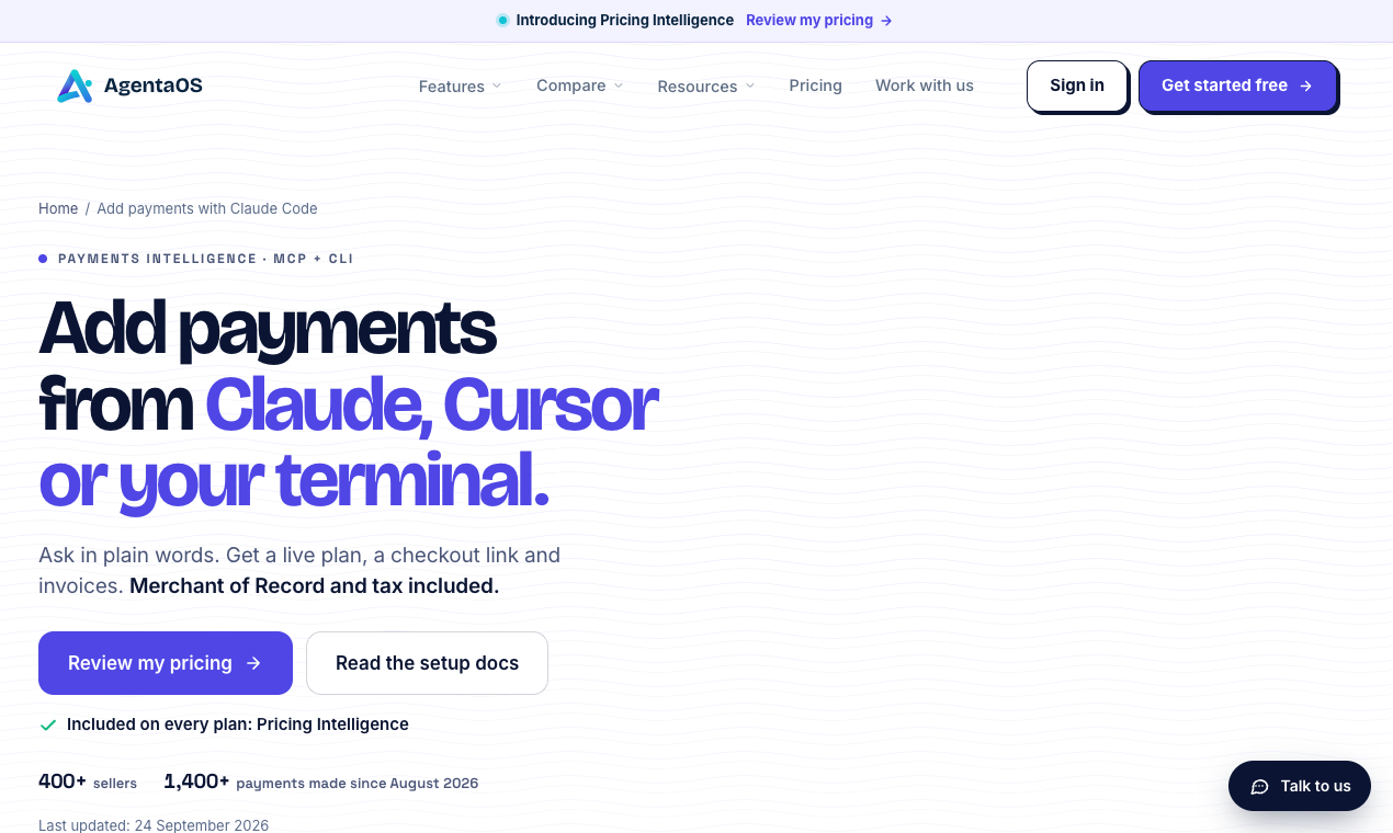 AgentaOS screenshot 2 - Merchant of Record you run from Claude, ChatGPT or Cursor. Sell globally, tax and invoices handled, no company needed.
