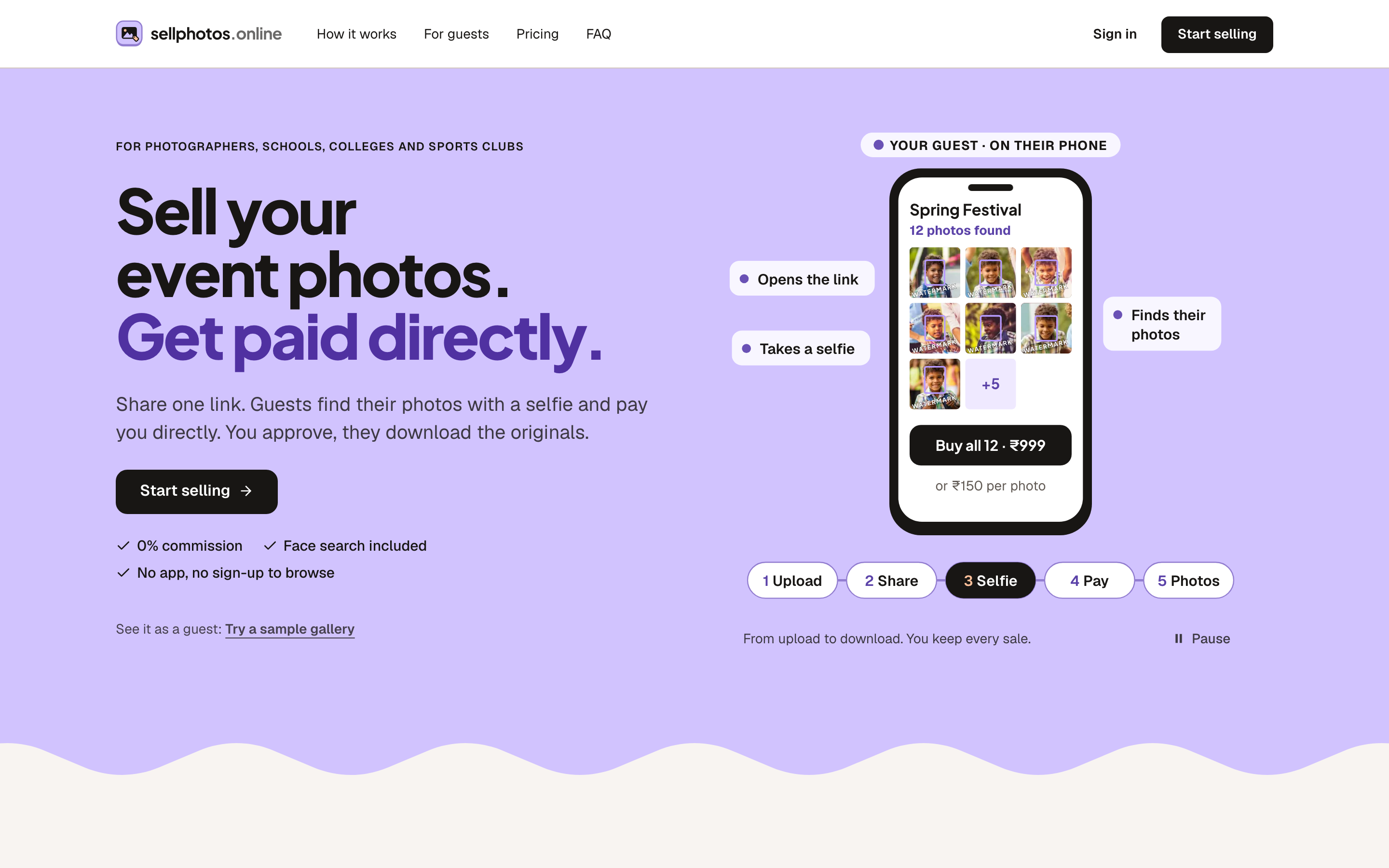 sellphotos.online screenshot 1 - Sell event photos online: watermarked previews, selfie search, and buyers pay you directly. 0% commission.