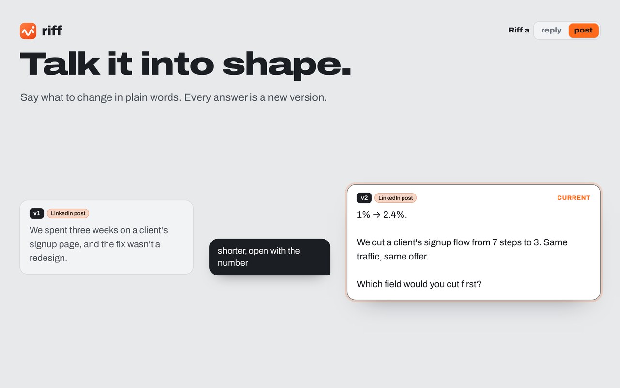 Riff screenshot 2 - Free Chrome extension. Paste your rough point and Chrome's built-in AI writes a fresh reply for that post on X, LinkedIn, Facebook or Instagram.