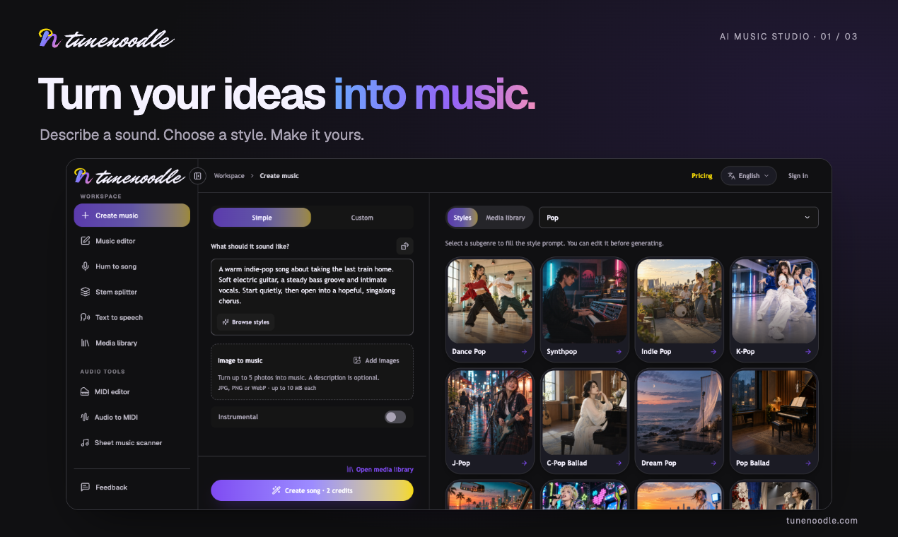 Tunenoodle screenshot - AI music creation and free browser-based audio tools