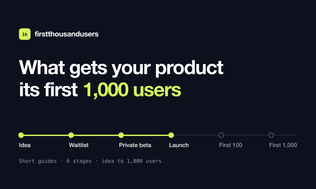 First 1,000 Users screenshot 1 - 25 free guides on getting your first 1,000 users, mapped from idea to launch and rated for fit by product type.
