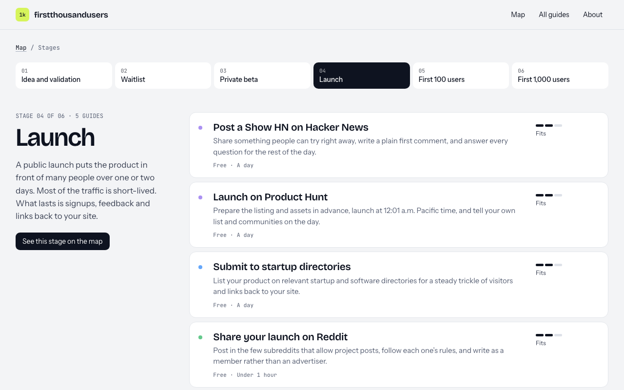 First 1,000 Users screenshot 4 - 25 free guides on getting your first 1,000 users, mapped from idea to launch and rated for fit by product type.