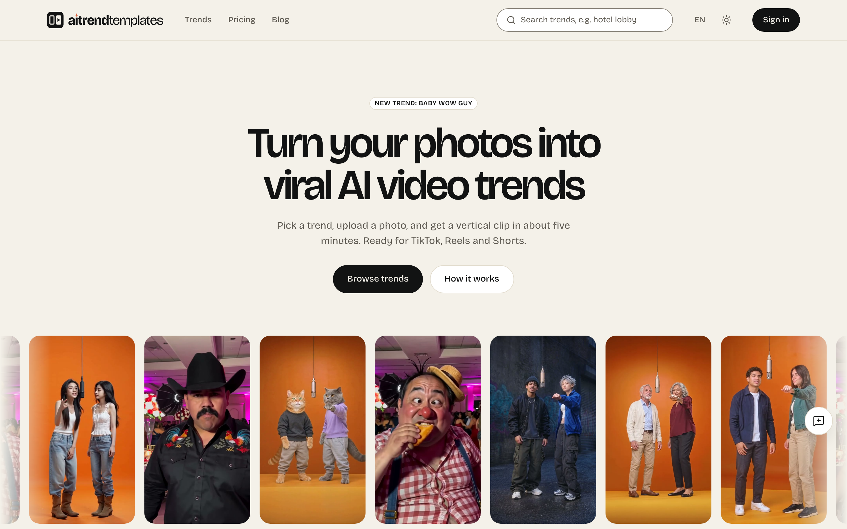 AI Trend Templates screenshot 1 - Turn your photos into viral AI video trends. Pick a trend, upload a photo, get a vertical clip for TikTok, Reels and Shorts.