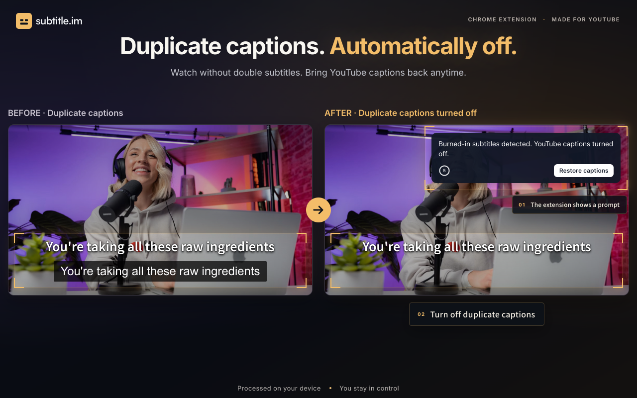 subtitle.im screenshot 1 - YouTube captions on or off, with local duplicate detection.