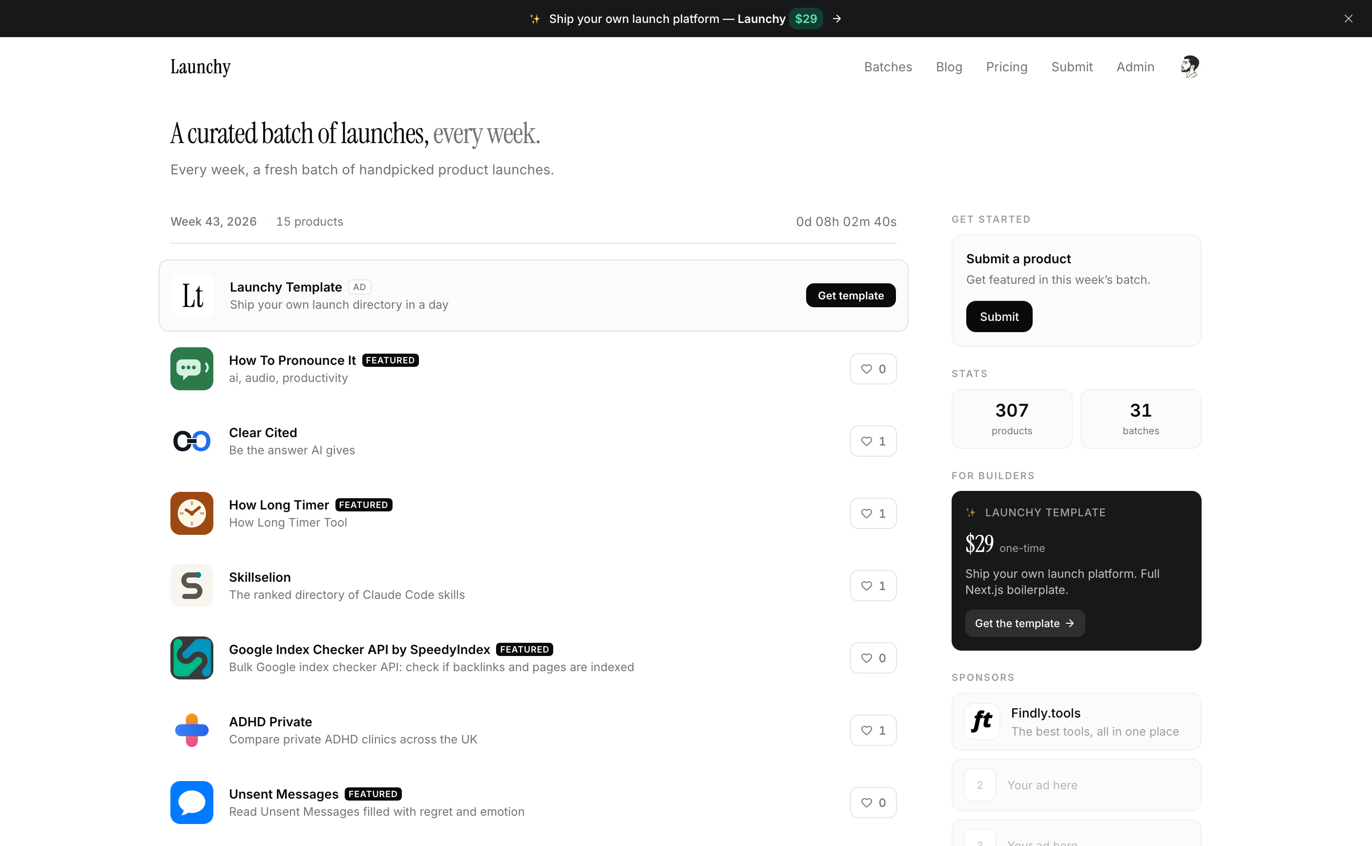 Launchy screenshot - A weekly curated batch of handpicked product launches for makers and users to discover.