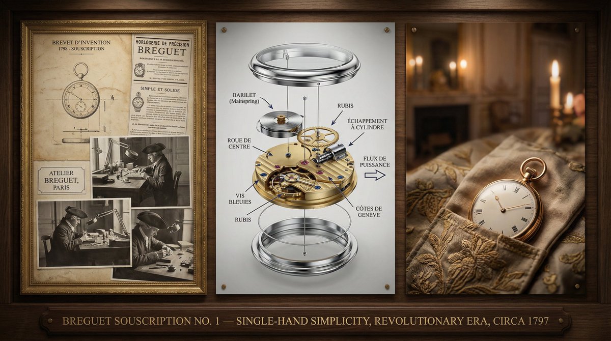 A master watchmaker's documentation board for [TIMEPIECE] — [MANUFACTURE / COMPLICATION / YEAR]. Left section: historic... example 2