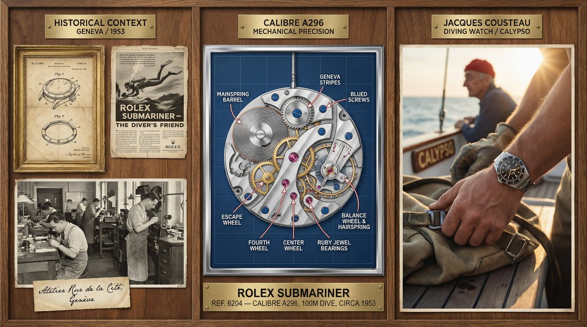 A master watchmaker's documentation board for [TIMEPIECE] — [MANUFACTURE / COMPLICATION / YEAR]. Left section: historic... example 3