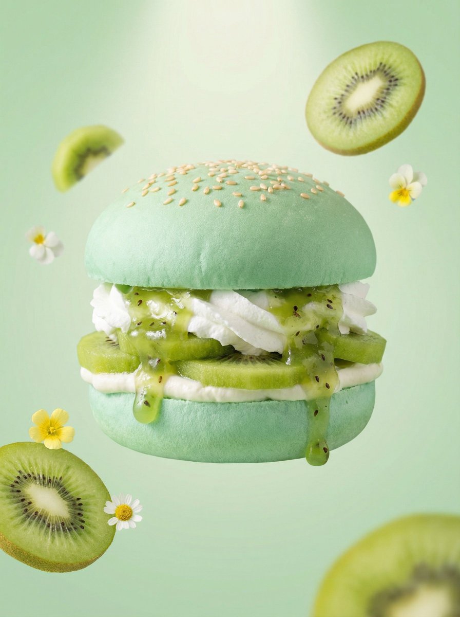 A hyper-realistic {FRUIT} dessert burger, centered composition, soft pastel {FRUIT_COLOR} color palette. Fluffy {FRUIT_... example 2