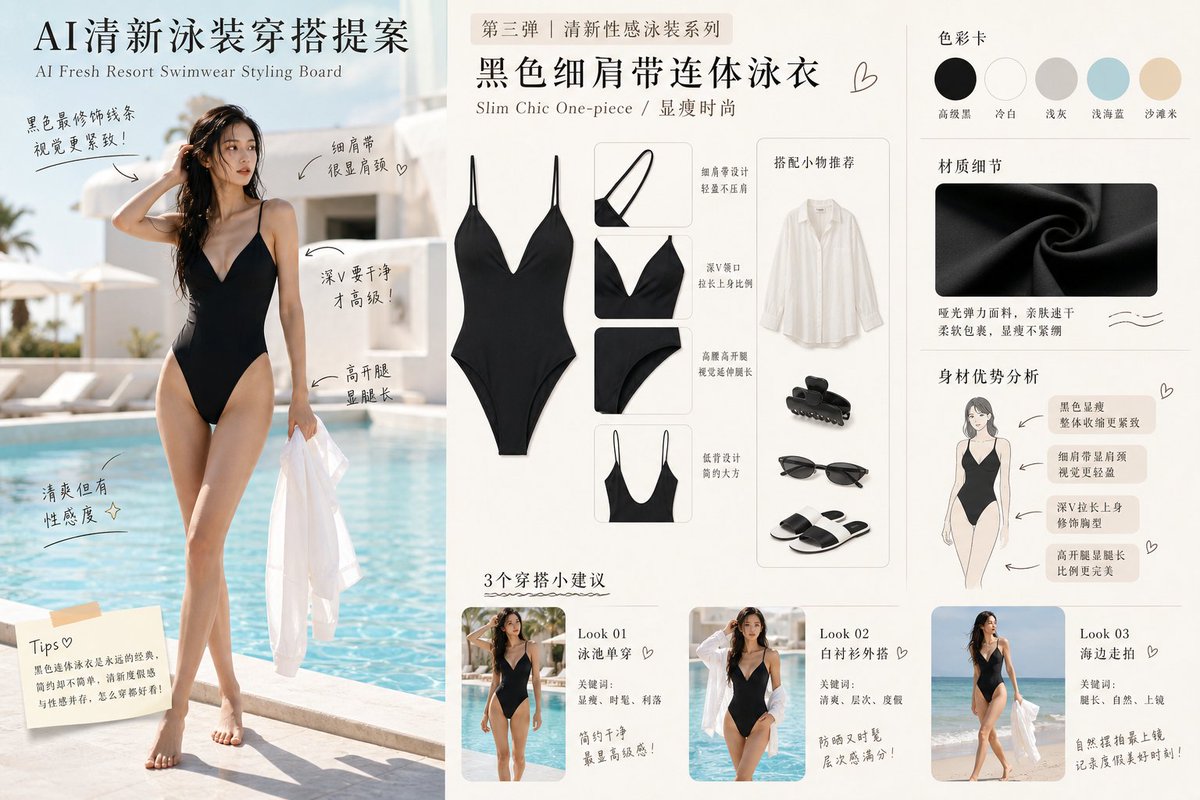 AI清新泳装穿搭提案 / AI Fresh Resort Swimwear Styling Board example 4