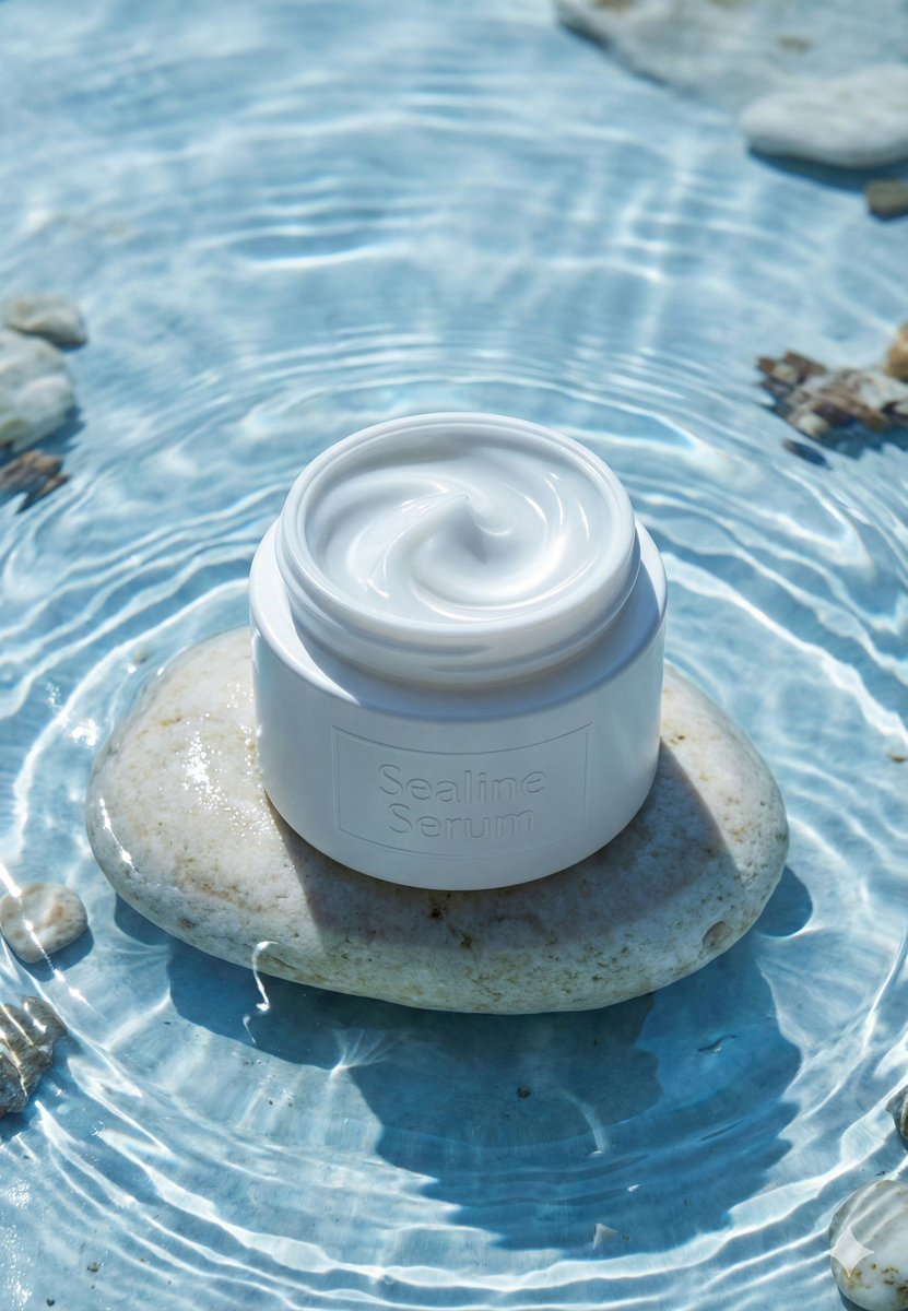 A premium minimalist skincare product photography scene featuring an open white cosmetic jar labeled 'Sealine Serum'. T... example 2