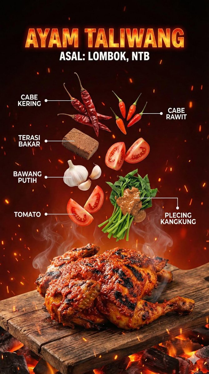 A hyper-realistic Indonesian food infographic poster with dramatic floating ingredients. Vertical composition, bold tit... example 2