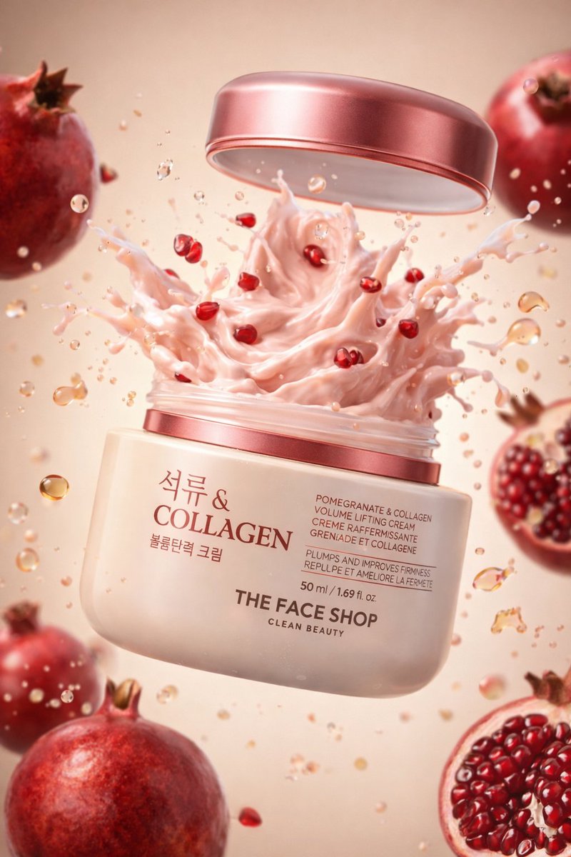 A hyperrealistic premium product photography scene of a smooth beige cosmetic jar labeled “Collagen" Pomegranate & Col... example 4