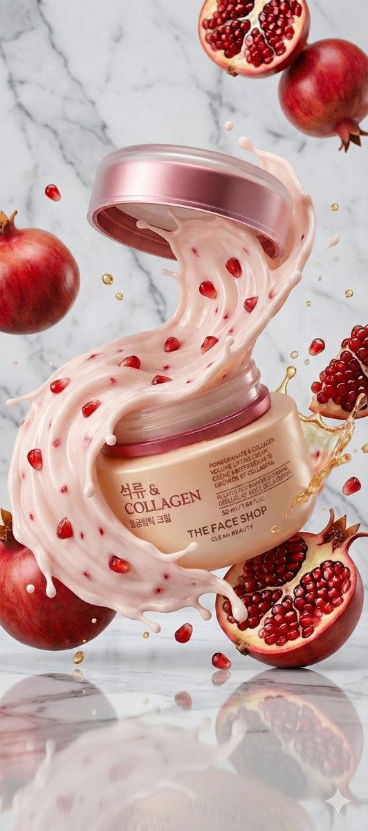 A hyperrealistic premium product photography scene of a smooth beige cosmetic jar labeled “Collagen" Pomegranate & Col... example 2