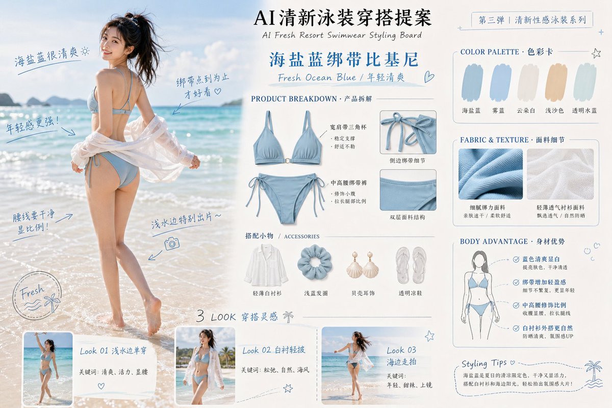 AI清新泳装穿搭提案 / AI Fresh Resort Swimwear Styling Board example 2
