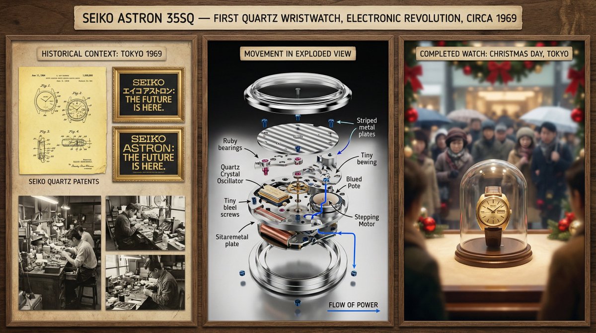 A master watchmaker's documentation board for [TIMEPIECE] — [MANUFACTURE / COMPLICATION / YEAR]. Left section: historic... example 4