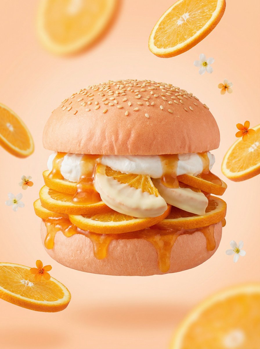 A hyper-realistic {FRUIT} dessert burger, centered composition, soft pastel {FRUIT_COLOR} color palette. Fluffy {FRUIT_... example 3