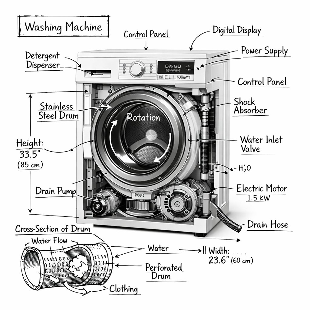 Create an infographic image of [washing machine], combining a realistic photograph or photoreal render of the object wi... example 3