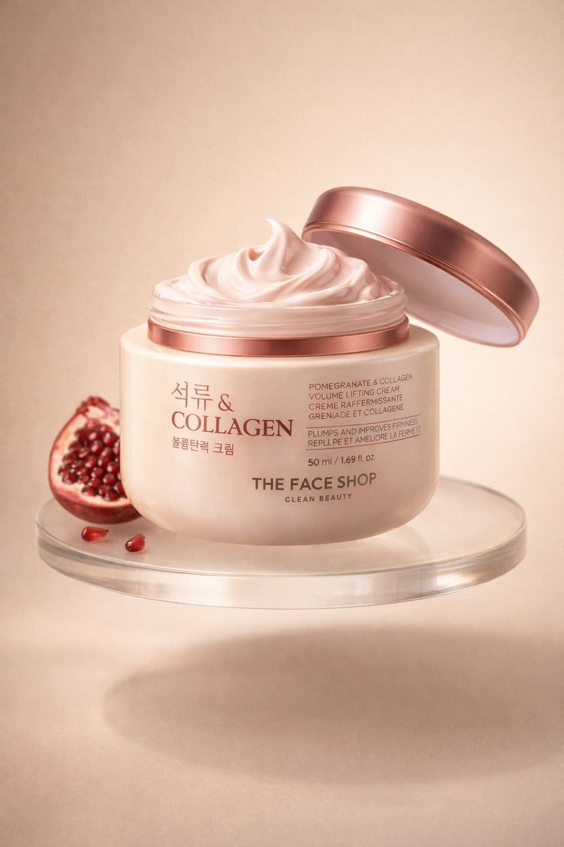 A hyperrealistic premium product photography scene of a smooth beige cosmetic jar labeled “Collagen" Pomegranate & Col... example 3