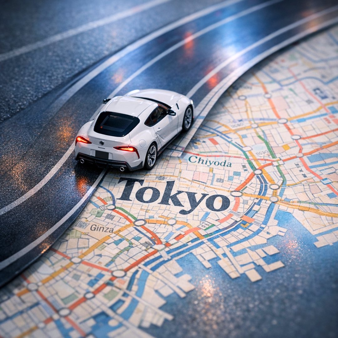 A surreal, hyper-realistic close-up scene of a miniature [CAR] driving along a winding road that seamlessly transforms... example 2