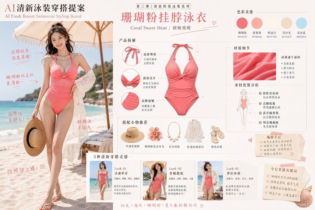 AI清新泳装穿搭提案 / AI Fresh Resort Swimwear Styling Board example 3
