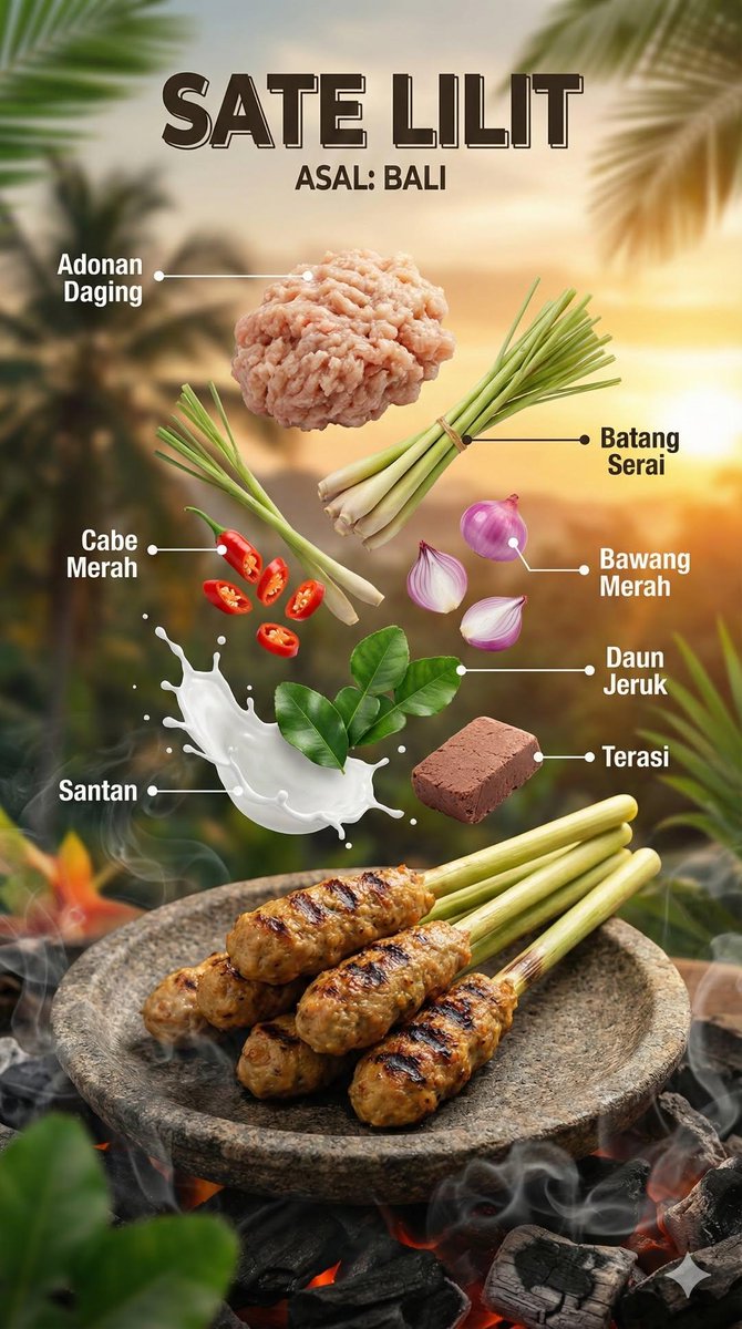 Ultra-realistic cinematic food photography of a traditional Indonesian dish, presented as a floating ingredients compos... example 2